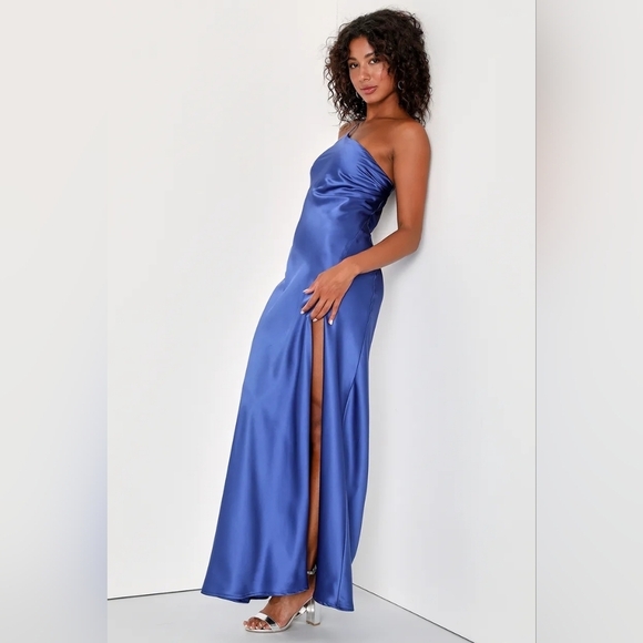 Lulus Flirtatious Evenings Blue Satin Asymmetrical Backless Maxi Dress Party - Picture 6 of 10